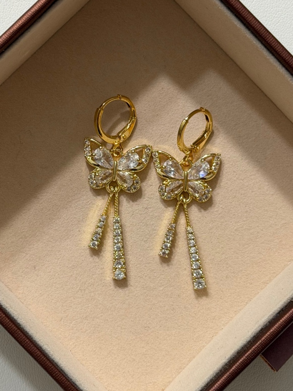 Golden Zirconia Butterfly Tassel Hoop Earrings